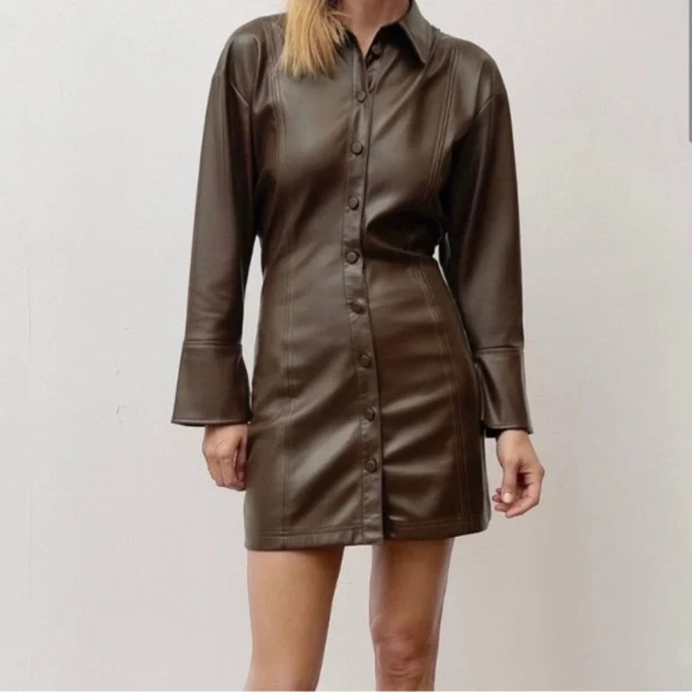 Zara Vegan Leather Button Front Long Sleeve Shirt Dress XS